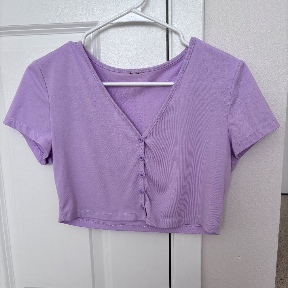 Purple Tight Button Down Crop Top T-Shirt Size S Small